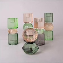 Teknocan Kristal Mum Tutucu, Yeşil-Şeftali-Zeytin - 15X5,5 cm