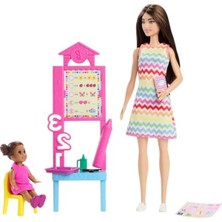 Cekar Store Barbie Kariyer Oyun Setleri - Öğretmen Bebek Öğretmen Barbie, Kahverengi Saçlı Bebek, 1 Çocuk Figürü ve Öğretim Aksesuarları JCR76