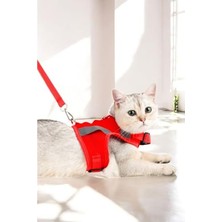 Cekar Store Kedi Tasması Göğüs Boyun Tasma Seti Sevk Kayışlı Terletmeyen Nefes Alan Reflektörlü Tasma (S, Kırmızı)