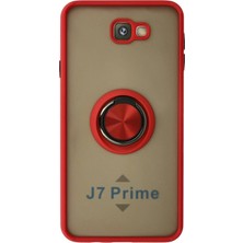 Durukar®  Samsung Galaxy J7 Prime Kılıf Montreal Yüzüklü Silikon Kapak - Kırmızı