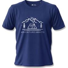North Whiskers Adventure Awaits Çadır ve Dağ Baskılı Unisex %100 Pamuklu Lacivert Outdoor Tişört