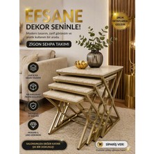 Bk Life 4’lü Zigon Sehpa Eskitme Gold Ayak Traverten Mdf Üst Modern Salon Sehpası