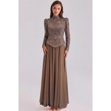 Olcay Boncuk Desenli Şifon Kombinli Exclusive Tesettür Abiye Elbise S.KAHVE 1089