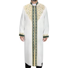Akıncı Tekstil Hakim Yaka Lüks Nakışlı Turkuaz Bordürlü Şehzade Cübbe - Beyaz (Kemik)