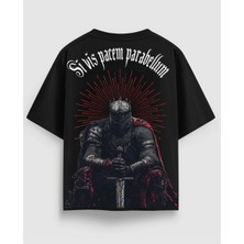 Yolo Street Oversize Unisex Siyah Tişört – Sivis Pacem Parabellum Yazılı Ortaçağ  Yazılı Şövalye Baskı, %100 Pamuk Streetwear Tasarım