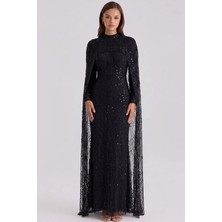 Olcay İnci ve Pul Bezeli Exclusive Tesettür Abiye Elbise SİYAH 1039