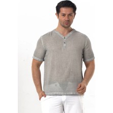 Eliş Şile Bezi Bora Düğmeli V Yaka Kısa Kol Poplin Erkek Tişört | Yazlık Erkek Tshirt Gri Gri