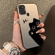 HONTINGA Samsung Galaxy A21S ile Uyumlu Kılıfı Silikon Kenar Sert Arka Düşüme Önleyici Basitlik Anti Düşme Kamera Korumali Kedi Desen Telefon Kılıfı Kadın ve Erkek Için Uygundur K1-0082
