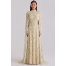 Olcay İnci ve Pul Bezeli Exclusive Tesettür Abiye Elbise KREM 1039