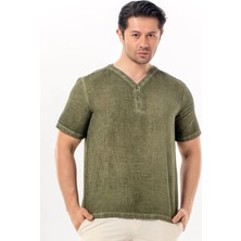 Eliş Şile Bezi Bora Düğmeli V Yaka Kısa Kol Poplin Erkek Tişört | Yazlık Erkek Tshirt Açık Haki Ahk