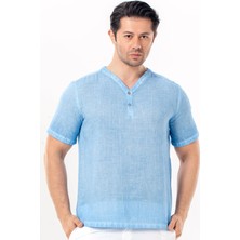 Eliş Şile Bezi Bora Düğmeli V Yaka Kısa Kol Poplin Erkek Tişört | Yazlık Erkek Tshirt Açık Mavi Amv