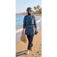 Besa Tesettür Bandana Mayo Dijital Desenli Siyah 4 Parça Eşarp Bone, Bandana, Üst, Alt Takım Ten ve Vücut Hatlarını Göstermez