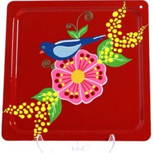 Dedemin Emayeleri Kare Tepsi Kırmızı Kuşlu (20X20 Cm)