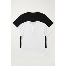 Defy's Erkek Henley Yaka %100 Pamuklu Rahat Kesim Günlük Basic 2'li Tişört Seti