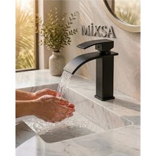 Mixsa Mat Siyah Lavabo Bataryası - Şelale Akışlı Modern Banyo Musluğu Sabit Lavabo Çift Su Girişli
