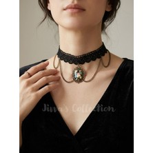 Gotik Siyah Dantel Kolye. Vintage Esintili Choker Dantel Gerdanlık Zincirli. Ayarlanabilir Zincir.antik Altın Rengi.