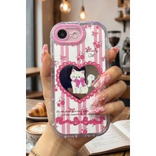 Nezih Case iPhone 16E / 17E Uyumlu Premium Pembe Kedi ve Fiyonk Desenli Aynalı Tasarım Telefon Kılıfı