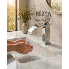 Mixsa Krom Kare Lavabo Bataryası - Şelale Akışlı Modern Banyo Musluğu Sabit Lavabo Çift Su Girişli
