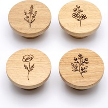 Üçer Ahşap 4'lü Set Desenli Kayın Mobilya Kulbu - 63MM Vernikli Doğal Çiçekli Çekmece Kulp Seti