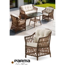 KUMSHOME Parma Çay Seti Bahçe Balkon Teras Mobilyası El Örgüsü Rattan 2+1+1 - 1 Adet Camlı Masa - Beyaz
