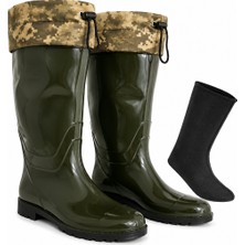 Bidoluraf Termal Çoraplı, Unisex, Soğuğa Dayanıklı, Ipli, Uzun, Kauçuk Çizme, Haki Renk