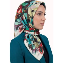 Hadiora Kadın Ekru Turkuaz Soyut Desenli Kristal Eşarp