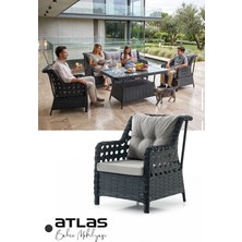KUMSHOME Atlas Rattan Puflu Bahçe Balkon Takımı 3+1+1 -  2 Adet Puf - 1 Adet Camlı Masa - Antrasit