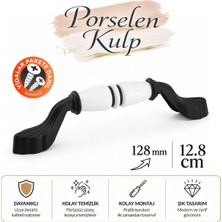 Badem10 Arelya Porselen Beyaz Siyah Çizgi Kulp 128 mm 12.8 cm Mobilya Çekmece Dolabı Dolap Kapak Kulb Kulpu