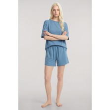 Akbeniz Kısa Kollu Şortlu Pijama Takımı Mavi