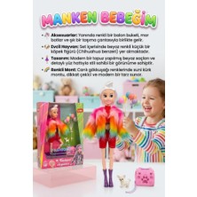 Farbu Oyuncak Gökkuşağı Kürklü Manken Bebek Seti - Balon Buketi Chihuahua Köpek ve Aksesuarlı Oyuncak Moda Bebeği