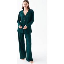 Akbeniz Kadın Zümrüt Yeşili Önden Düğmeli Rahat Kesim Pijama Takımı