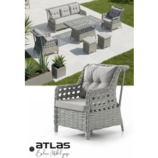 KUMSHOME Atlas Rattan Puflu Bahçe Balkon Takımı 3+1+1 -  2 Adet Puf - 1 Adet Camlı Masa -Gri