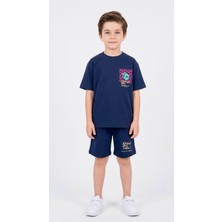 Enie Erkek Çocuk Lacivert Pamuklu Kısa Kollu Yazı Baskılı T-Shirt ve Şort Ikili Takım