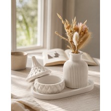 Nevhan Sanat El Yapımı Dekoratif Vazo & Kapaklı Kutu Seti – Modern Minimal Tepsili Beton Görünümlü Organizer