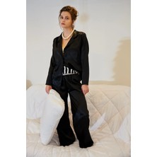 Akbeniz Kadın Siyah Oversize Saten Pijama Takımı