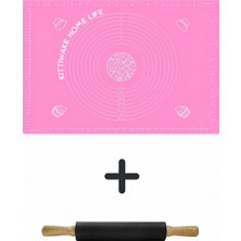 Kittiwake Home Life Pembe Renk 45X65 cm Silikon Hamur Açma Matı ve 42 cm Bambu Saplı Siyah Silikon Merdane