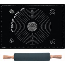 Kittiwake Home Life Siyah Renk 45X65 cm Silikon Hamur Açma Matı ve 42 cm Bambu Saplı Siyah Silikon Merdane