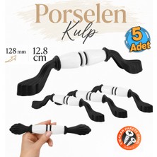 Badem10 (5 Adet) Arelya Porselen Beyaz Siyah Kulp 128 mm 12.8 cm Mobilya Çekmece Dolabı Dolap Kapak Kulb Kulpu