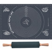 Kittiwake Home Life Gri Renk 45X65 cm Silikon Hamur Açma Matı ve Bambu Saplı Siyah Silikon Merdane