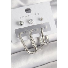 Renas Store Pirinç Gümüş Renk Halka Model Zirkon Taşlı Topçuk Detay Kadın Küpe Seti