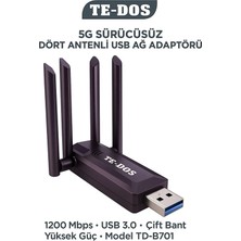 Te-Dos 1200 Mbps Çift Bantlı 4 Antenli USB Wi-Fi Alıcı Internet Dağıtıcı Adaptör TD-B701