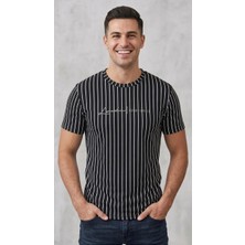 Original Erkek Dikey Çizgili Rahat Kesim Bisiklet Yaka T-Shirt