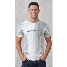 Original Erkek Dikey Çizgili Rahat Kesim Bisiklet Yaka T-Shirt