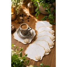 Bonny Home 6'lı Set Gold Inci Çerçeveli Keten Kahve Yanı Sunum Peçetesi Kokteyl Peçetesi Sunumluk Parti Peçetes