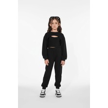 Aden Kids Kız Çocuk Siyah Waffle Örme 3 Parça Alt Üst Takım - Uzun Kollu Crop ve Boru Paça Jogger