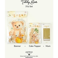Partince 3 Parça Parti Seti Teddy Bear Tema Banner Pasta Süsü Cake Topper 6 Adet Gold Mum Parti Süsleme Seti