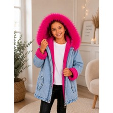 Burçak Butik Kız Çocuk Kapüşonlu Içi Peluş Kürklü Kot Mont Kaban - Kışlık