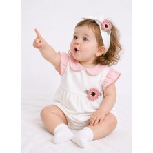 Ozz Baby %100 Pamuk Bahar Çiçeklei Temalı Bandana Çorap ve Fırfırlı Bebe Yakalı  Elişi Motifli Şort (0-3 AY/6-9AY/6-9AY )