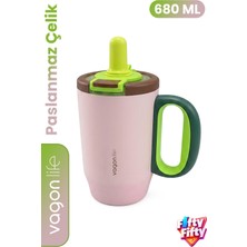 Vagonlife 680 ml Tek Kapak Çift Kullanım Pipetli Rahat Içim Kulplu Paslanmaz Çelik Termos Mug FFVGN1113-680ML