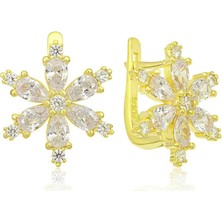 Gumush Hk Gümüş Kadın Küpe Gold Beyaz Lotus Çiçeği |gümüş Takı Hediyelik Ürünler